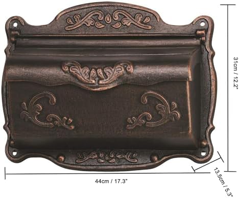 Antique Bronze Finishing Cast Aluminum Wall Mounted Mailbox, Weather-Resistant, Elegant Vintage Design. Size: 17.5" D x 5.3" W x 12.25" H. Includes 4 Pieces Finish Mounting Screws