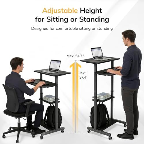 Mount-It! Black Rolling Standing Desk, Adjustable Height up to 54.7", Portable Laptop Podium Desk on Wheels, Mobile Computer Workstation with 4 Shelves 27.5" Wide, Cart for Home Office or Classroom