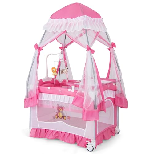 HONEY JOY 4-in-1 Pack and Play with Canopy, Portable Baby Playard w/Changing Table and Infant Bassinet Cute Toys & Music