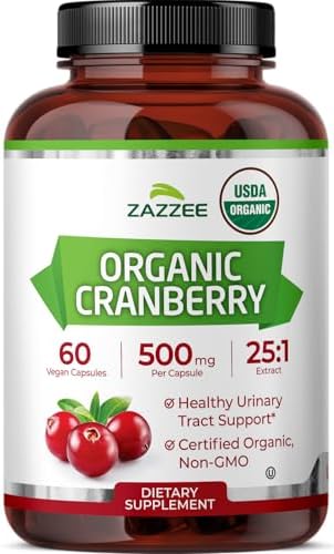Zazzee USDA Organic Cranberry 25:1 Extract, 500mg per Capsule, 100 Capsules | Vegan, 3+ Month Supply, Certified Kosher, Vaccinium Macrocarpon, Non-GMO, Made in the USA