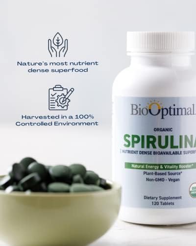 Organic Spirulina Tablets - 120 Tablets | Organic, Non-GMO, No Additives or Fillers - 500mg Premium Quality Dietary Supplement with Vitamins, Minerals, & Antioxidants