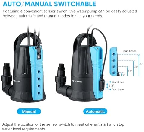 Sump Pump, 1/3 HP 1850GPH Automatic Submersible Utility Water Pump, Portable Electric Low Level Drain Water Removal Pump with Sensor Switch for Swimming Pool Basement Garden Pond Draining