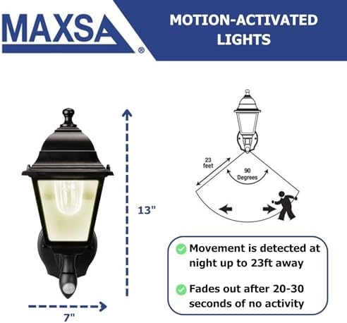 Maxsa 44219 Premium Wireless Battery-Powered Motion-Activated Decorative Outdoor Wall Sconce Lighting Fixture, Cool White LED, Metal Housing, Black