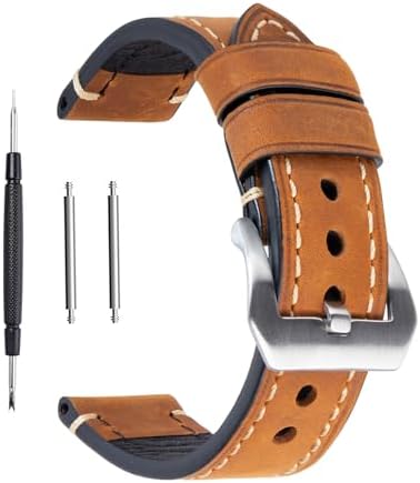 Dark Brown 22mm Genuine Leather Wristwatch Watch Band Oil Tan Vintage Strap for Men with Stainless Buckle
