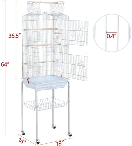 Yaheetech 64'' Open Top Bird Cage for Parakeets & Cockatiels, Black | Detachable Rolling Stand, Easy-clean Slide Tray, Multi-door Access, 3/8" Bar Spacing, Indoor/Outdoor Use