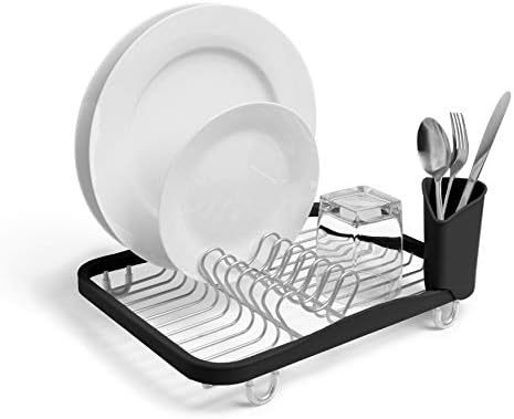 Umbra Sinkin Dish Drying Rack, in Sink or Countertop Drainer, Black/Nickel | Removable utensil holder, non slip rubber feet, fits standard sizes, coated wire and plastic