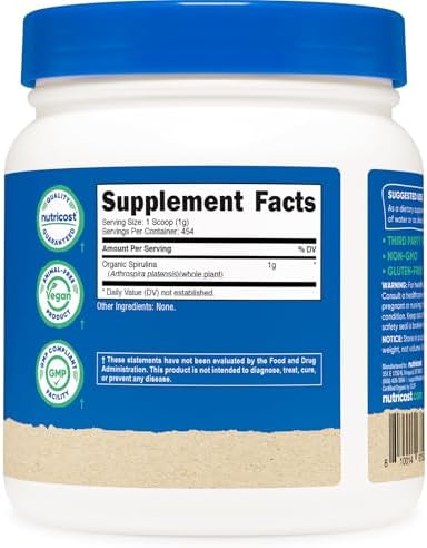 Nutricost Organic Spirulina Powder (1LB) 454 Grams, Pure, Vegan | Certified Organic Spirulina