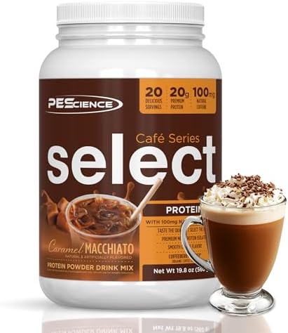 PEScience Select Cafe Protein Coffee Powder, Caramel Macchiato, 20 Servings | 100mg Caffeine, 20g Iced Protein Coffee Powder or Creamer