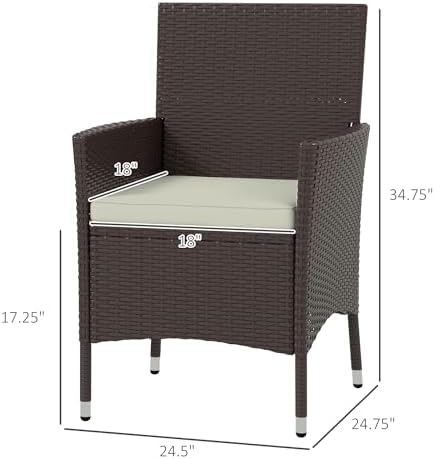 Outsunny Rattan Wicker Dining Chairs, Outdoor, 2 PCS, Dark Coffee | With Cushions, Anti-Slip Foot, Patio Stackable Chairs Set, Backyard, Garden, Lawn