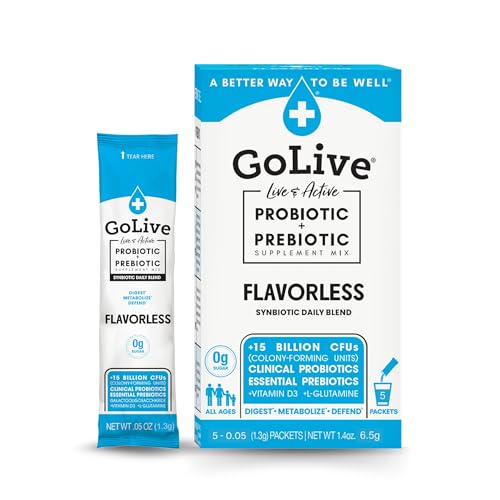 GoLive Prebiotic & Probiotic for Women, Men, Kids. Flavor-Free, Sugar-Free, Synbiotic Powder w/ GOS, L-Glutamine, Vitamin D3, Electrolytes. For Gut Health, Digestion, Metabolism, Immunity 15-50B CFUs. | Flavor-Free, Sugar-Free, All-Natural Ingredients, C…