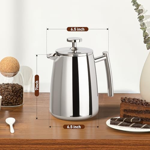 Secura French Press Coffee Maker, 50-Ounce, 304 Stainless Steel Insulated Coffee Press with Extra Screen