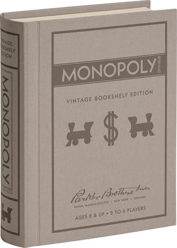 WS Game Company Monopoly Vintage Bookshelf Edition Board Game Premium Fabric-Wrapped Book Storage Box with Retro Graphics, Wooden Houses