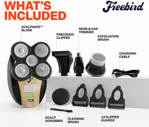 Freebird FlexSeries Electric Head & Body Hair Shaver - Mens Cordless Rechargeable Wet/Dry Skull Bald Head Back & Groin Waterproof Razor with Rotary