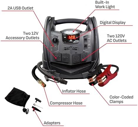 Schumacher Electric 1200A Car Battery Jump Starter and Portable Power Station, 6-in-1 Solution for 12V Batteries, 150-PSI Air Compressor