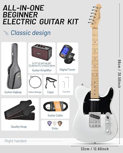 Leo Jaymz Beginner Electric Guitar Complete Kit with Portable Amp, Padded Gig Bag & Full Accessories, Maple Neck (TL-White)