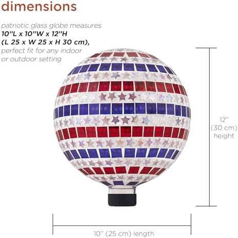 Alpine Corporation 10" Diameter Indoor/Outdoor Patriotic Glass Stars and Stripes Gazing Globe Yard Decoration, Red, White and Blue