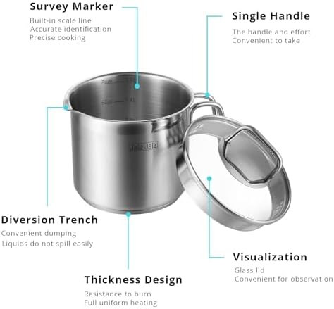 JALZ JALZ 2 Qt Stainless Steel Saucepan with Glass Lid for Induction, Boiling Egg