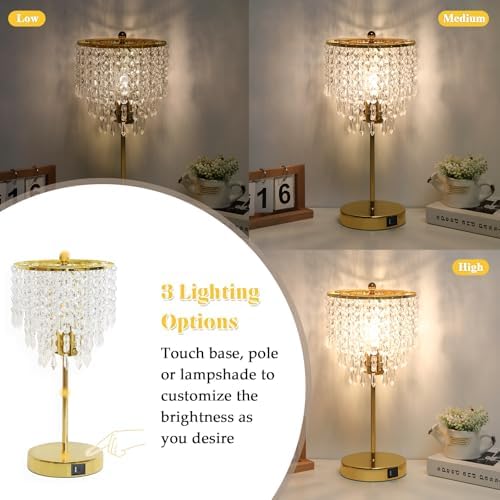 Touch Control Crystal Table Lamp with USB C+A Charging Ports, 3-Way Dimmable Bedside Touch Lamp Decorative Nightstand Lamp with Elegant Lampshade for Living Room Bedroom, B11 LED Bulb Included