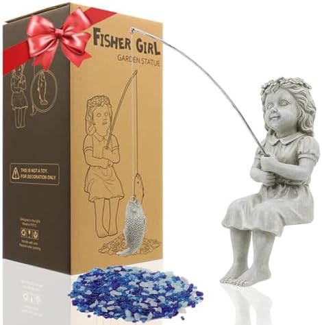 Goodeco Fisherboy Statue Garden Decor - 11" Little Fishing Guy for Koi Pond or Waterfalls, Poolside Statue with Glow in Dark Pebbles Included