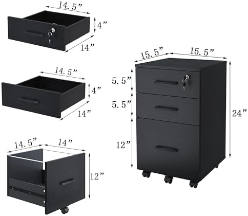 File Cabinet With Lock, 3 Drawer Wood Rolling Filing Under Desk for Home Office, Storage Fits Letter/A4 Size, Mobile Printer Stand, White