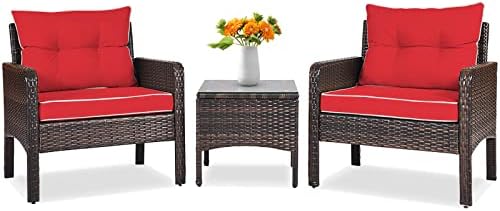 Tangkula 3 Piece Outdoor Patio Furniture Set, Wicker Chairs Set with Glass Top Coffee Table, Thick Cushions