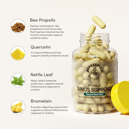 Beekeeper's Naturals Sinus Support for Adults, Quercetin & Bromelain, 60 ct | All Natural, Seasonal Nasal Care Relief, Propolis, Quercetin, Bromelain