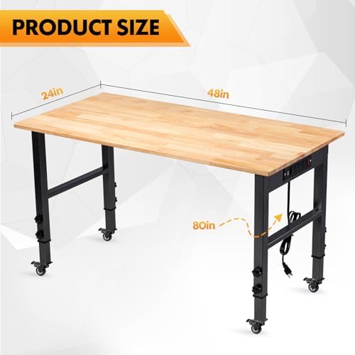48" Adjustable Workbench, Work Table with Wheels and Power Outlet | 2000LBS Load Capacity Rubber Wood Top Workstation, Heavy-Duty Craft Table for Garage Workshop