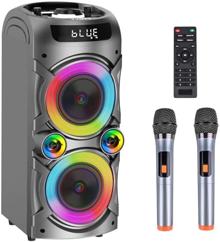 Karaoke Machine with 2 Wireless Microphones, Portable PA System Big Bluetooth Speaker with LED Lights, Remote Control Support Bass/Treble Adjustment