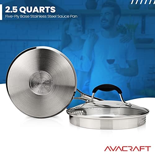AVACRAFT 2.5 Quart Stainless Steel Saucepan with Glass Strainer Lid | 18/10 Stainless Steel, 5-Ply Capsule Base, Dual Pour Spouts, Induction Compatible, Ergonomic Handle, Dishwasher Safe