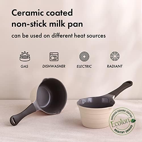 Neoflam 1qt Saucepan Butter Warmer Milk Boiling|Melting Pot, Ecolon Healthy Ceramic Nonstick Coating PFOA-free, 2 Pour Spouts, Dishwasher Safe, Ivory