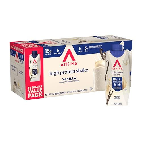 Atkins Vanilla High Protein Shake, 15g Protein, 12 Count | 15g Protein, 3g Fiber, 1g Net Carb, 1g Sugar, Vanilla Flavored, Keto Friendly