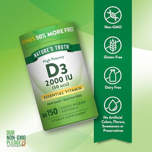 Nature's Truth Vitamin D3 2000 IU Softgels for Adults | 150 Count | High Potency | Non-GMO and Gluten Free Supplement | High Potency | Non-GMO and