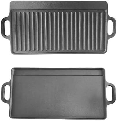 Bene Casa Reversible Cast-Iron Griddle | 20"x9"x1.5" Double Burner Pan | Flat & Ridged Surfaces for Versatile Cooking | Ideal for Stovetop, Oven