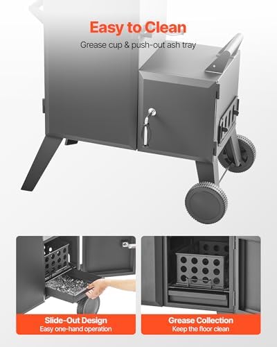 VEVOR Charcoal Offset Smoker, Heavy-Duty Steel BBQ Offset Smoker with Side Firebox, Movable Outdoor Barbecue Smokers with 6 Adjustable Grates