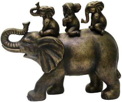 Nature's Mark 8" H 3 Baby Elephants Riding an Elephant Resin Statue Figurine Home Decorative Accent Decor (Brown)