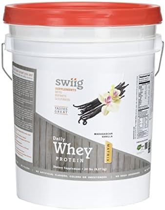 swiig Madagascar Vanilla Whey Protein Powder 20g Muscle Recovery 2.2 lb | Gluten-free, non-GMO daily nutrition supplement with digestive enzymes. Keto-friendly smoothie mix yields 35 servings.
