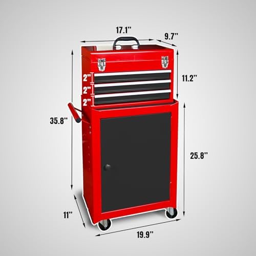 Road DAWG ATBT1204D-Red Torin Rolling Garage Workshop Tool Organizer: Detachable 4 Drawer Tool Chest with Large Storage Cabinet and Adjustable Shelf
