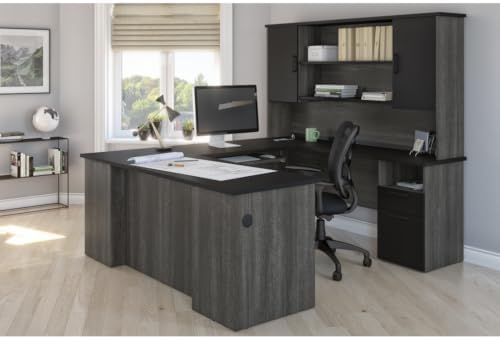 Bestar U or L Shaped Executive Desk with Hutch, Black & Gray, Norma, 71W