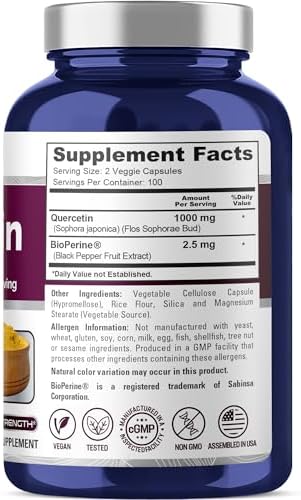 NusaPure Quercetin, Non-GMO, Vegan, 1000mg, 200 Veg Capsules - 100 Servings | Plant Based Formula, Sophora Japonica & BioPerine, Suitable for Adults