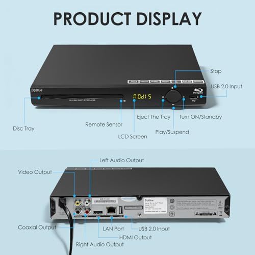 1080P Full HD Blu-ray DVD Player for TV/Projector, HDMI/AV/Coaxial Outputs | Home Theater Blu Ray Player Support Region A/1 Blu-ray Discs, CD DVDs VCD