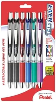 Pentel EnerGel RTX Retractable Liquid Gel Pen, (0.7mm), Medium Line, Metal Tip, Black Ink, Pack of 6 (BL77BP6A)