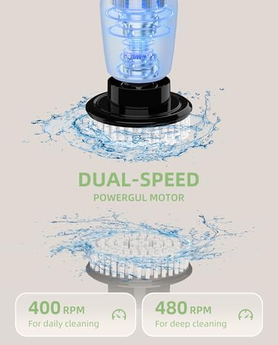 6-in-1 Cordless Electric Spin Scrubber with Long Handle | Power scrubber, bathroom scrubber, 47.2 in long handle, 2 speed scrub brush, IPX7 rated body, kitchen, tile, tub, floor