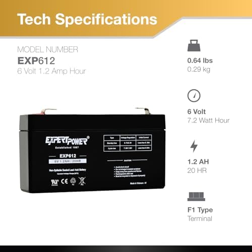 ExpertPower EXP612-1.2Ah 6V Rechargeable Battery, Alarm Battery Replacement for Security System, Home Alarm, GE XT Backup, Replaces DJW6-1.2