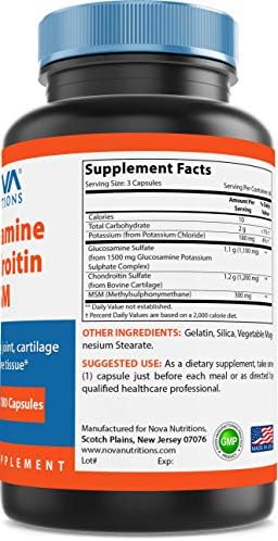 Nova Nutritions Triple Strength Glucosamine Chondroitin MSM 2600mg/Serving Capsules, Supports Healthy Joint