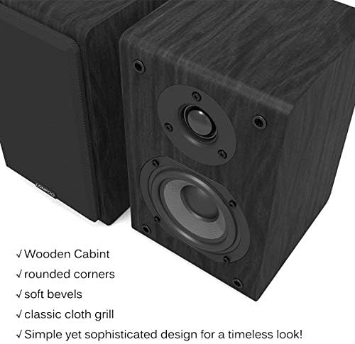 LONPOO Passive Bookshelf Speakers, 150W Wooden Cabinet Stereo Speakers Pair | 4" Carbon Fiber Woofer, 1" Silk Dome Tweeter, Amplifier Required