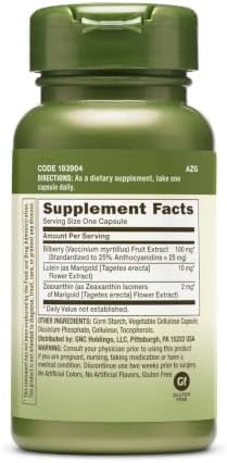 GNC Herbal Plus Bilberry Extract and Lutein Supplement, Vegetarian, Supports Eye and Vision Health, 60 Servings