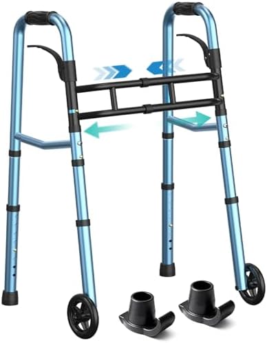 HOMENURSE Folding Walkers for Seniors with Skis, Width & Height Adjustable | Narrow Walker with 5" Wheels for Small Spaces, Aluminum Lightweight Standard Rolling Walker, Supports Up to 300lbs, Silver