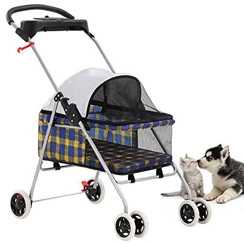 Pet Stroller 4 Wheels Posh Folding Waterproof Portable Travel Cat Dog Stroller with Cup Holder,Blue