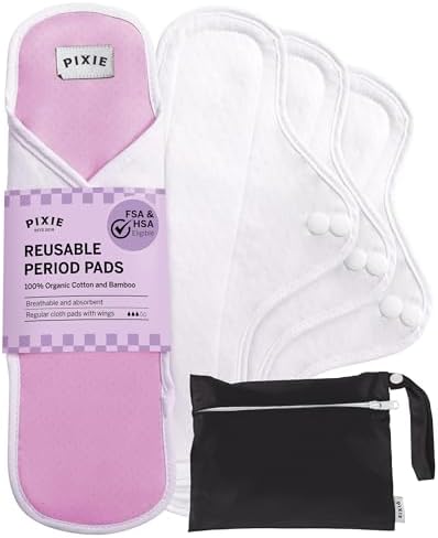 Pixie Cotton Cloth Pads for Feminine Care - 100% Organic Reusable Pads - Ranked 1 for Softest Menstrual Sanitary Napkins - Machine Washable & Includes Free Wet Bag - Menstrual Liner (Regular)