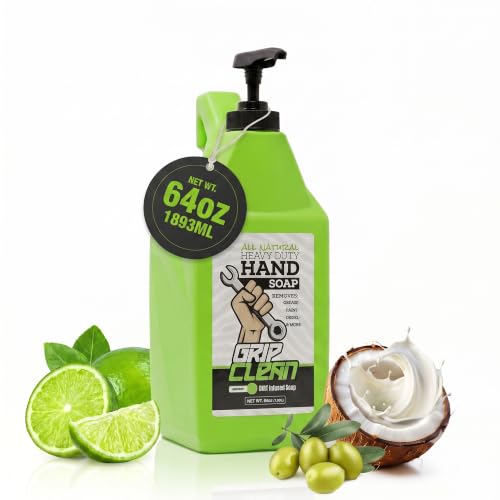 Grip Clean Heavy Duty Hand Cleaner For Mechanics, Natural Pumice, 64 Oz | Clay Infused, Grease, Oil, Grime Remover, Moisturizing Coconut Olive Oils, Lime Scent, For Shop, Garage, Industrial Use